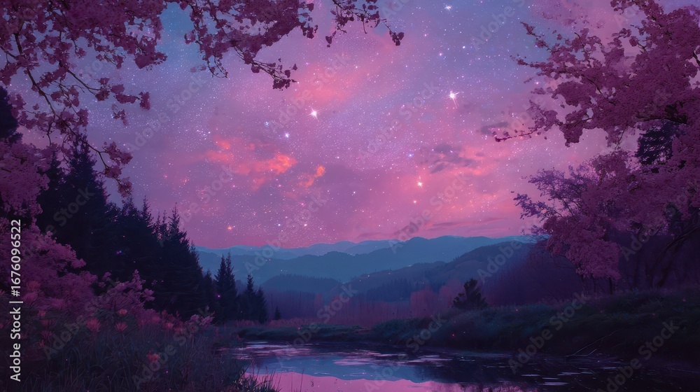 Fototapeta premium Dreamy Aesthetic Landscape with Stars and Pink Cherry Blossoms