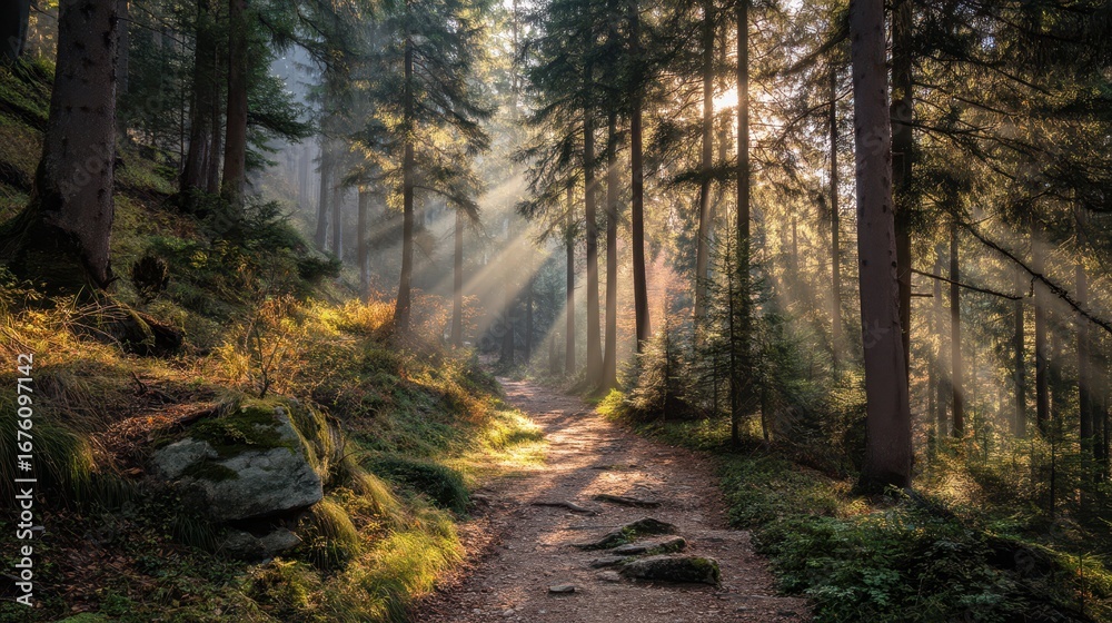Obraz premium Early Morning Sunbeams Through Forest Pathway Illuminating Nature