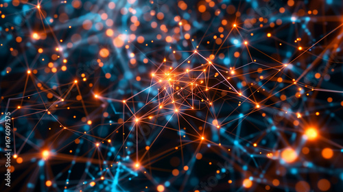 Glowing neural synapses create a vibrant network of connections, transmitting energy through a web of bright and colorful particles in a dynamic digital space