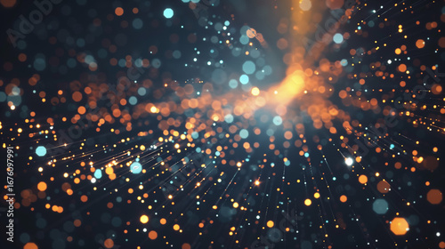 Streams of neutrino particles traverse a dark expanse, creating an abstract display of light and energy