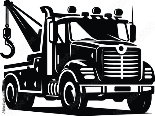 Tow truck black silhouette vector illustration isolated on white background
