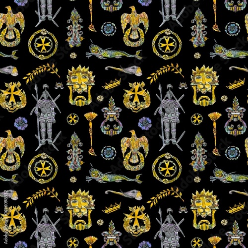 Pattern with medieval gothic symbols, vintage style
