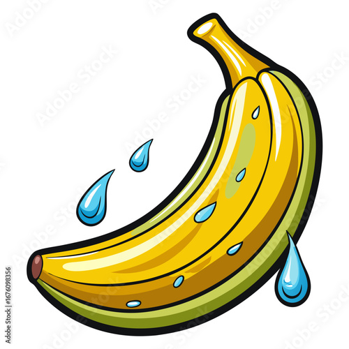 A fresh yellow banana with water droplets, an illustration of ripe fruit