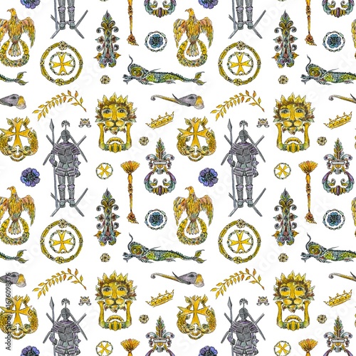 Pattern with medieval gothic symbols, vintage style