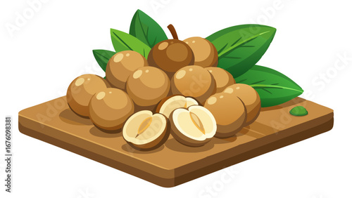 Illustration of fresh longan fruits arranged on a wooden board with leaves