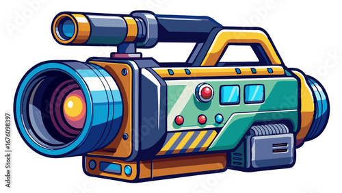 Retro style video camera with bright colors and cartoon style design