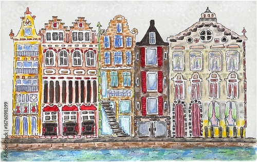 Watercolor illustration of Amsterdam houses
