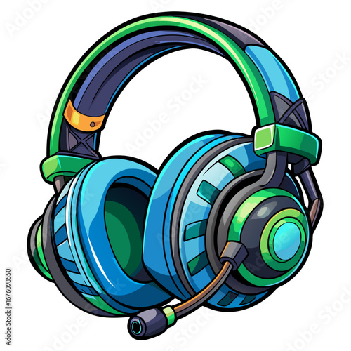 Highly Detailed Cartoon Gaming Headset with a Microphone in Blue and Green