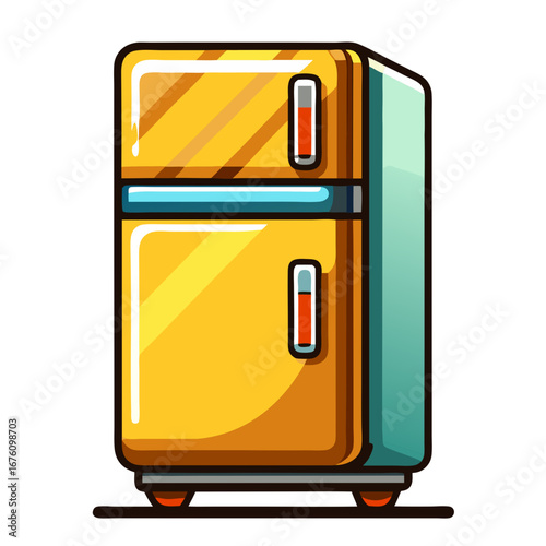 A retro style yellow and blue refrigerator with red accent handles