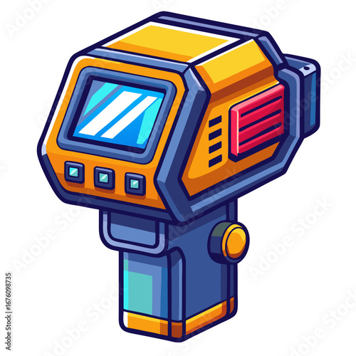 Cartoon illustration of futuristic hand held device scanner in bright colors