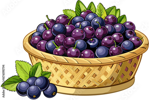 Illustration of a basket overflowing with ripe blueberries and fresh green leaves