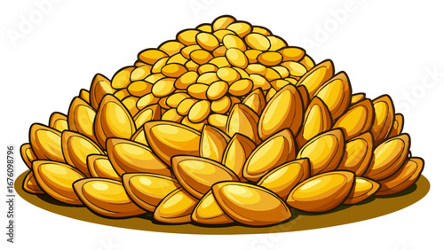 Artistic rendering of a golden seed pile with intricate details and layers