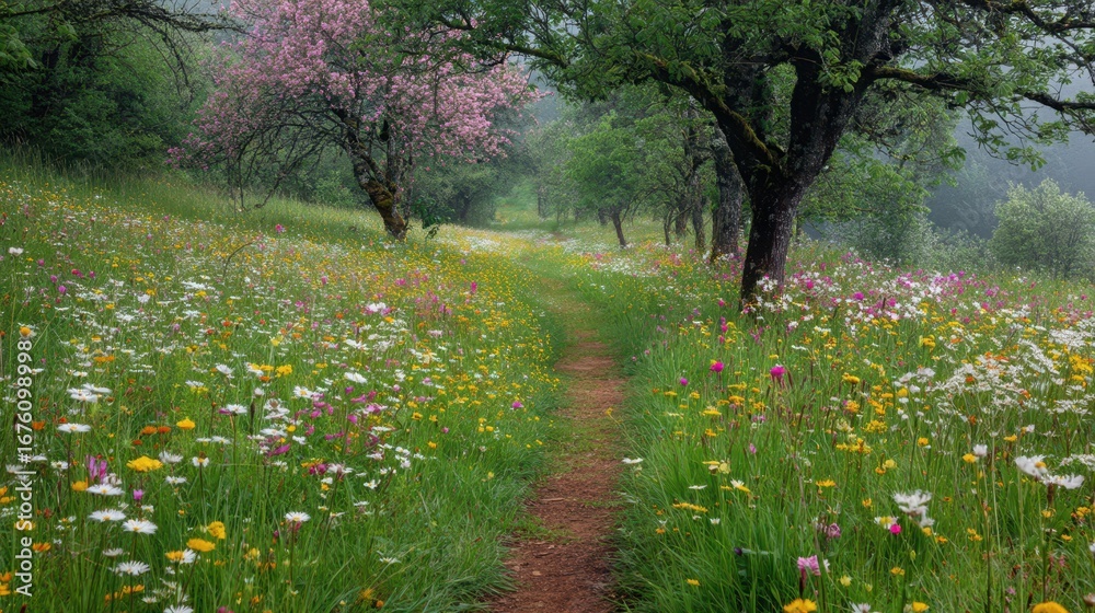 Fototapeta premium Springtime Meadow Covered with Colorful Flowers Along Walking Trail