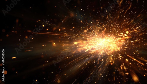 Fiery sparks explode outward in a dark background