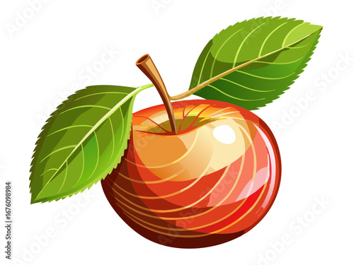Stylized red apple illustration with shiny skin and vibrant green leaves