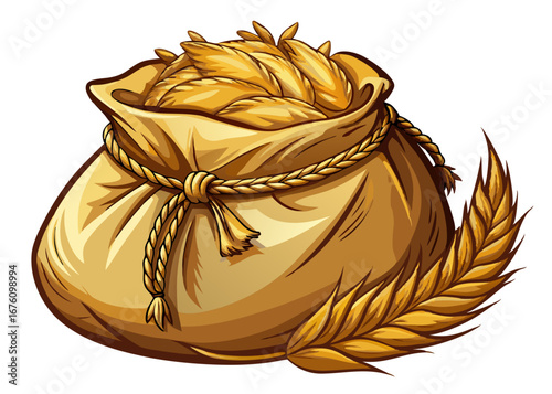 Illustration of a burlap sack full of wheat with a golden wheat stalk