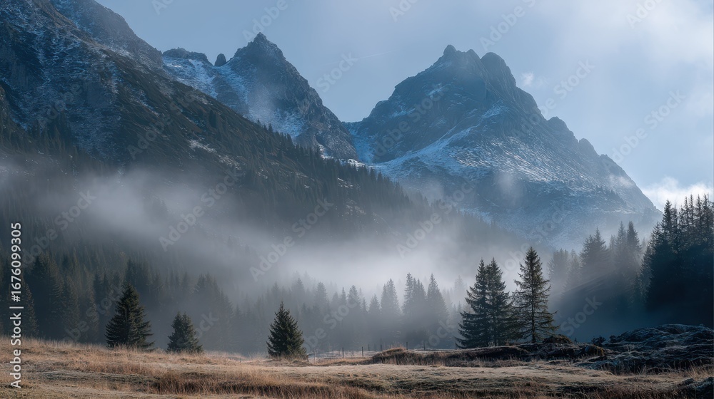 Fototapeta premium Foggy Morning in Mountain Valley with Mist and Evergreen Trees
