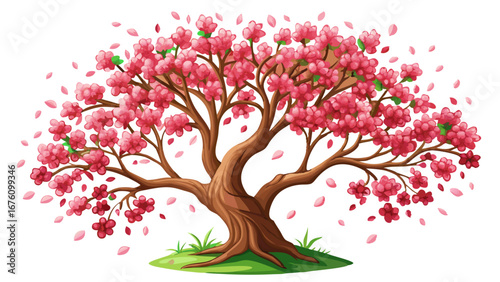 Beautiful blossoming tree with pink flowers and falling petals on white background