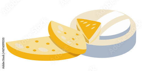 Artistic still life of sliced cheese wheel with triangular piece on top