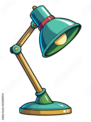Stylized green and gold desk lamp with visible light bulb illustration