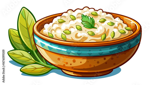 Whimsical cartoon illustration of a bowl of oatmeal with spinach leaves