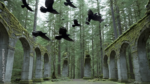 Birds circling above ancient stone ruins covered moss forest reclaiming history in a quiet wilderness sanctuary