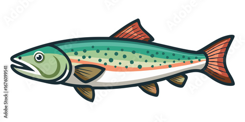 Colorful cartoon illustration of a green, white, and orange fish with spots