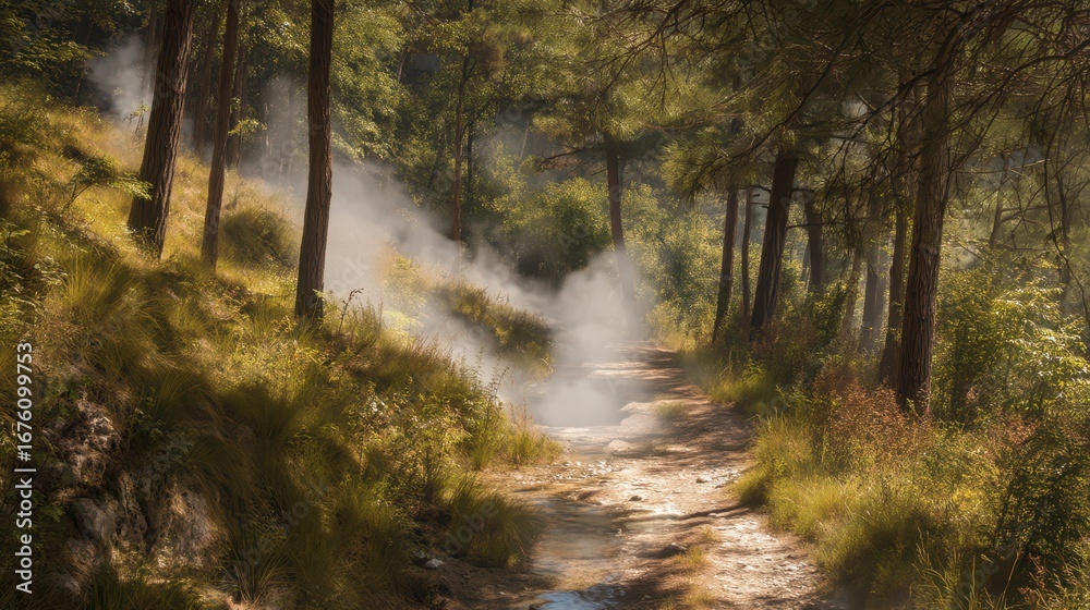 Obraz premium Serene Forest Trail with Gentle Steam and Lush Greenery