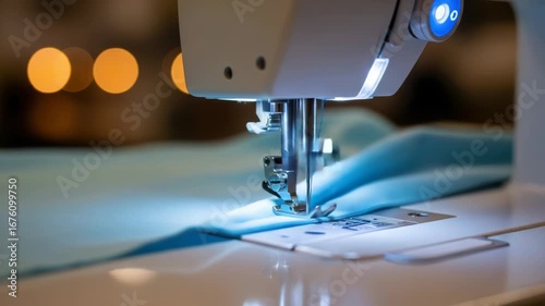 A closeup shot of a modern sewing machine needle precisely stitching a light blue fabric, with soft bokeh lights in the background