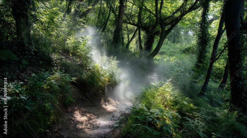 Naklejka premium Misty Forest Trail with Gentle Steam in Lush Greenery