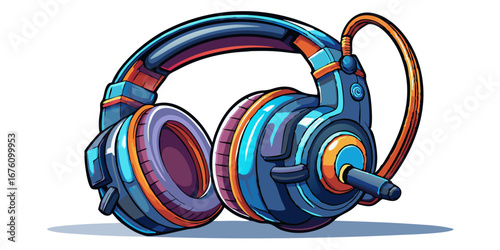 Highly Detailed Illustration of Stylish Modern Blue and Orange Wireless Headphones