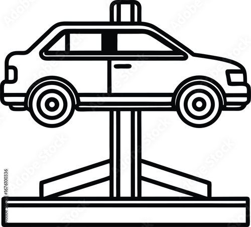 Vector art of black and white line drawing of a car being lifted by a car lift or hoist, symbolizing auto repair, maintenance, or service