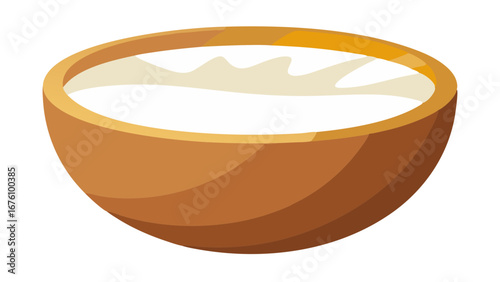 Wooden bowl containing creamy yogurt or a similar white dairy product