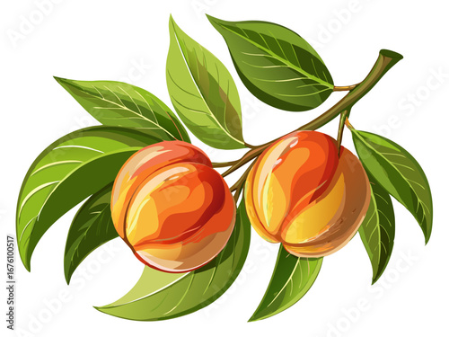 Two peaches hanging on a branch with leaves isolated on white background