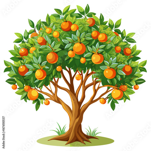 Vibrant orange tree with a bountiful harvest under a bright sky