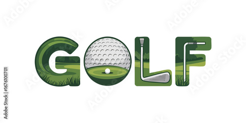 Creative Golf Word Art with Green Course, Golf Ball, Club and Field Elements for Sports Promotion and Tournament Design