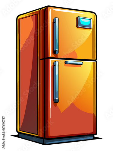 Stylized orange refrigerator with retro design and digital display on the door