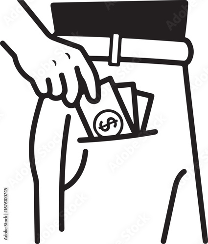 Hand putting money into a pocket with a dollar sign cash currency