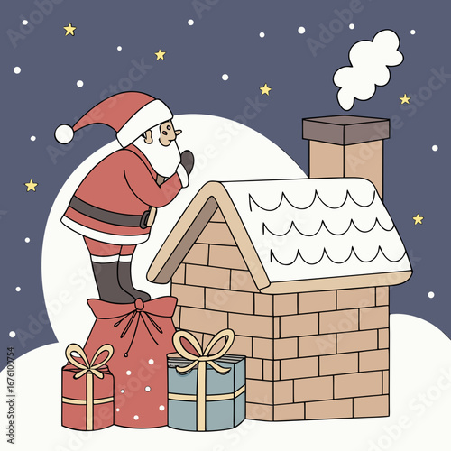 Santa Claus in red suit stands on a sack beside a chimney, preparing to deliver gifts, surrounded by colorful presents and a snowy night sky with stars