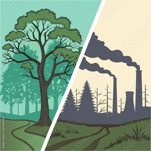 Environmental contrast illustration depicting a vibrant tree-filled landscape on one side and a polluted industrial area with smoke and barren trees on the other side, showcasing nature versus industr