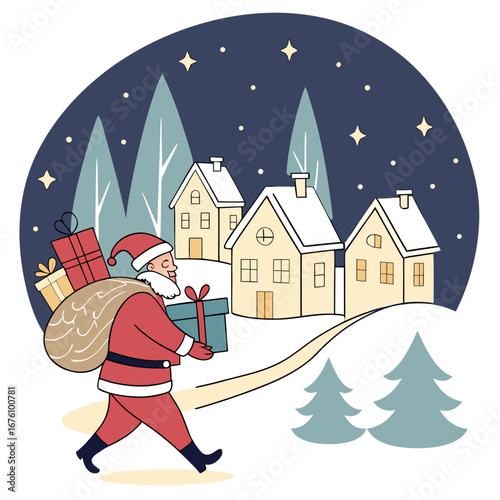 Santa Claus character in red suit carrying gifts, walking through a snowy village with houses and trees, creating a festive holiday atmosphere in a charming winter scene