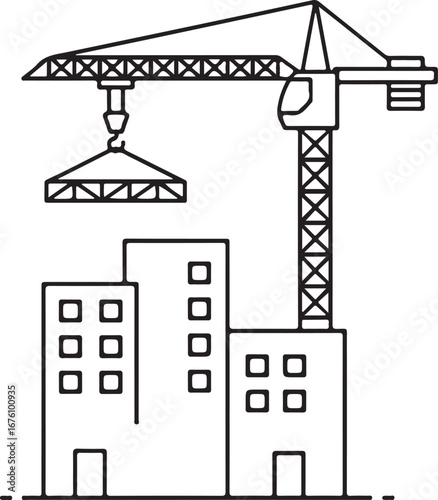 Construction crane lifting building section above unfinished skyscrapers architecture
