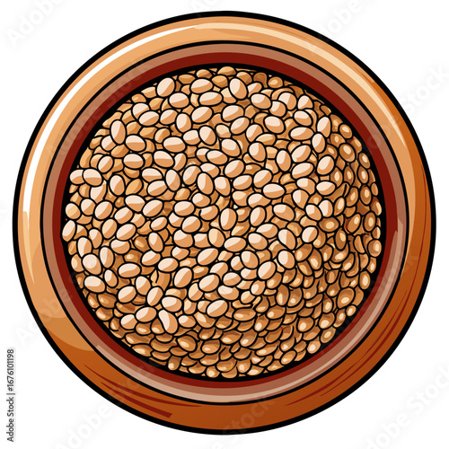 Illustration of a wooden bowl full of white kidney beans or lentils