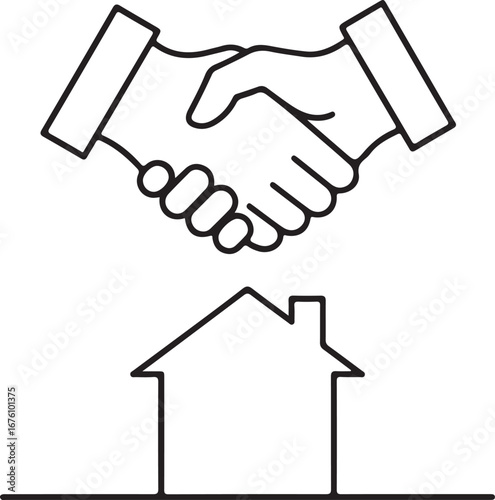 Handshake above house icon symbolizing real estate deal or agreement property