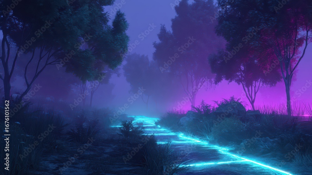 Fototapeta premium Glowing Neon Path Through Alien Landscape in Mystical Atmosphere