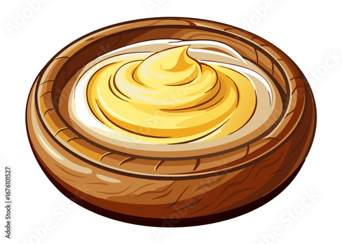 A bowl of creamy golden sauce, a delicious looking condiment treat