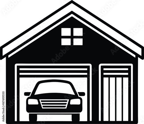 Vector art of simple black and white icon of a garage with an open door revealing a car inside, symbolizing storage, parking, or automotive services