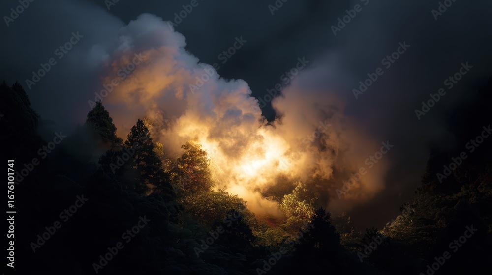 Fototapeta premium Glowing Clouds and Steam Above Trees in Dark Mystical Forest