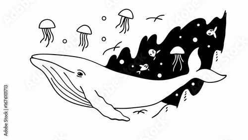Whale in sea with jellyfishes