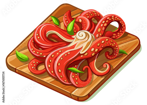 Cartoon illustration of a vibrant octopus dish on a wooden platter